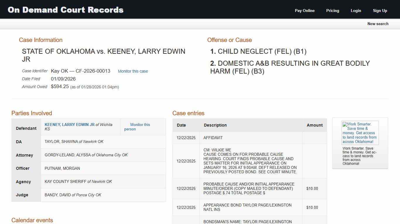 "STATE OF OKLAHOMA vs. KEENEY, LARRY EDWIN JR " (CF-2026-00013) On Demand Court Records